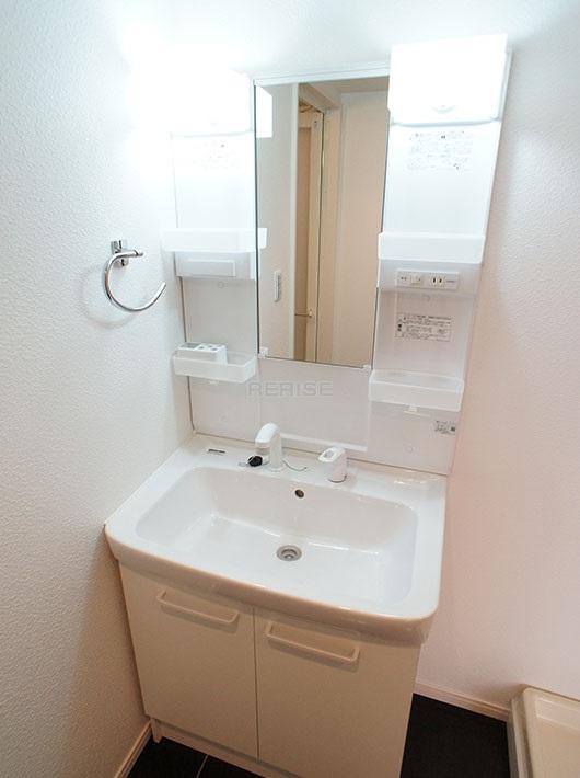 Wash basin, toilet. Vanity with a shower head