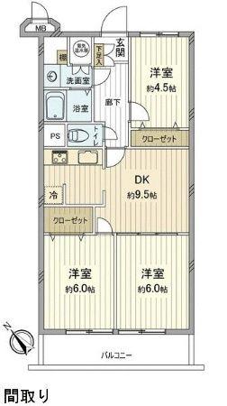 Floor plan. 3DK, Price 24,800,000 yen, Footprint 61.6 sq m , Good Floor balcony area 7.84 sq m usability