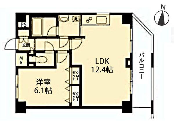 Floor plan. 1LDK, Price 32,800,000 yen, Footprint 43.8 sq m , Balcony area 7.38 sq m