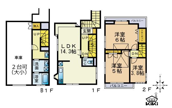 Floor plan. 32,800,000 yen, 3LDK, Land area 51.35 sq m , Building area 87.41 sq m underground garage / Two Allowed