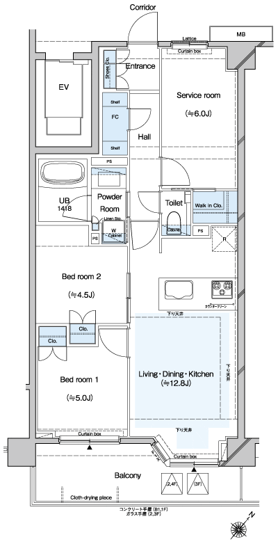 Floor: 2LDK + S + WIC + FC, the occupied area: 64.43 sq m