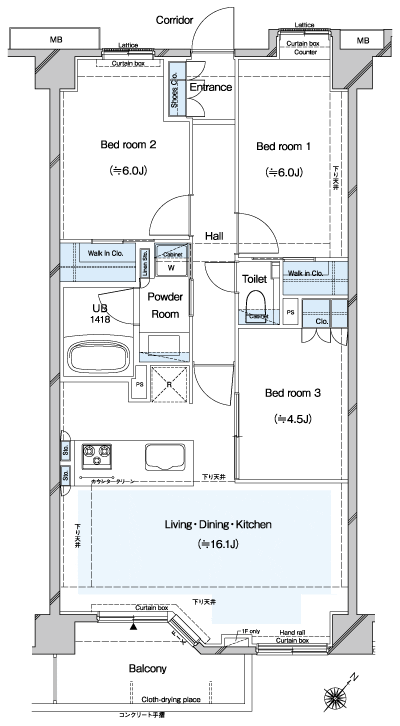 Floor: 3LDK + 2WIC, occupied area: 70.57 sq m