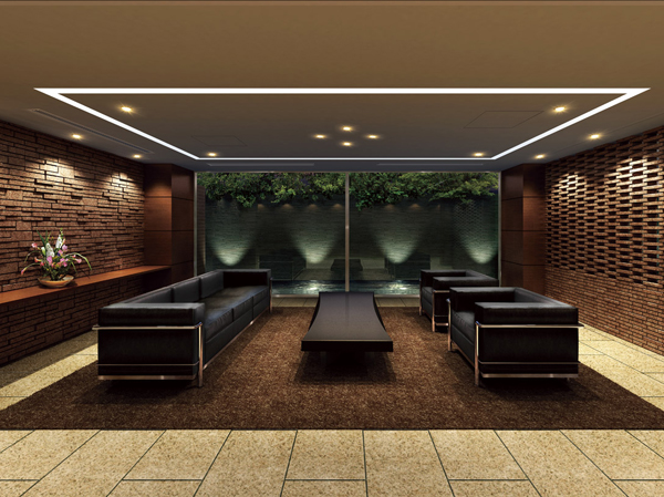 Features of the building.  [Production of water Jing] On the side of the lounge, Reproduce the water scenery reminiscent of the rich spring water of Kokubunji cliff line. Flows calm time spacious. (Lounge Rendering)