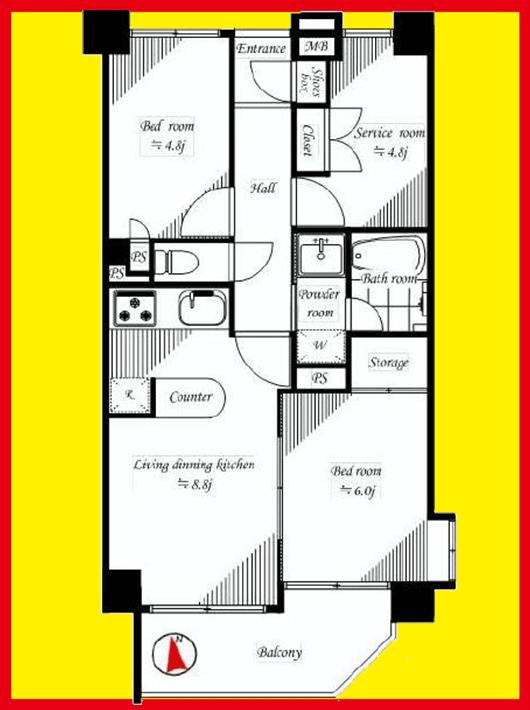 Floor plan. 2LDK + S (storeroom), Price 30,800,000 yen, Occupied area 54.33 sq m , Balcony area 7.06 sq m