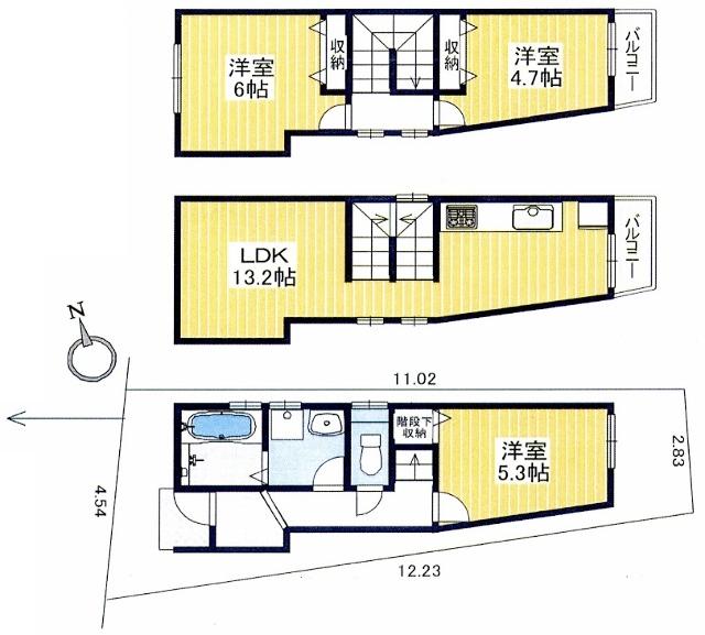 Compartment view + building plan example. Building plan example, Land price 16 million yen, Land area 43.5 sq m , Building price 17.8 million yen, Building area 73.28 sq m