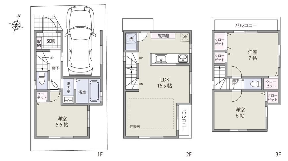 Floor plan. It will be between the east north-south corner lot Building C floor plan. Popular counter kitchen, Dishwasher ・ With water purifier, Winter warmth in the gas hot water floor heating. 
