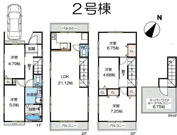 Floor plan. (Building 2), Price 49,300,000 yen, 5LDK, Land area 88 sq m , Building area 120.47 sq m