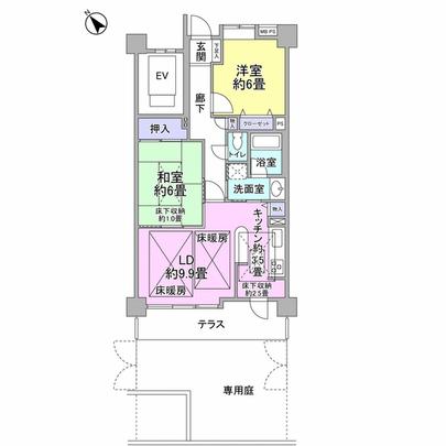 Floor plan. Floor heating in the living-dining, Underfloor storage under the kitchen, Floor under the Japanese-style room