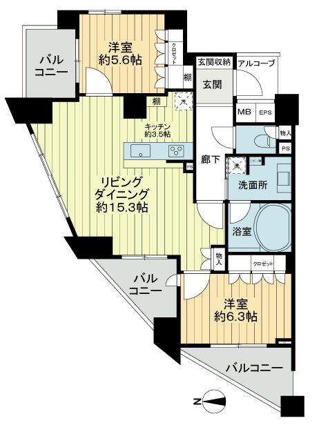 Floor plan. 2LDK, Price 35,800,000 yen, Occupied area 71.11 sq m , Balcony area 17.49 sq m floor plan