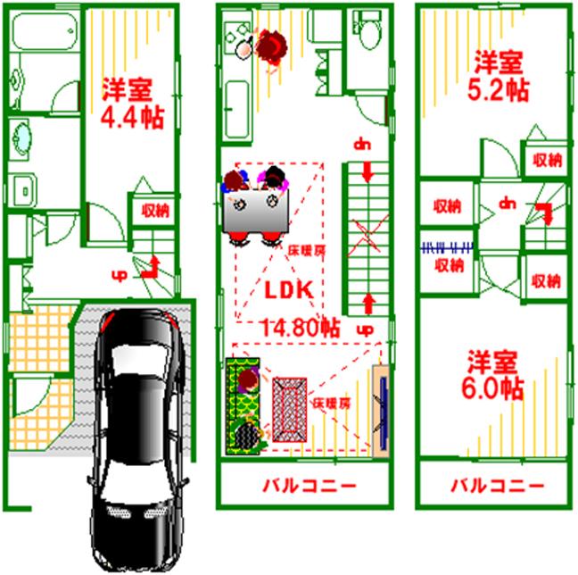 Compartment view + building plan example. Building plan example, Land price 27,545,000 yen, Land area 49.82 sq m , Building price 15,255,000 yen, Building area 79.43 sq m
