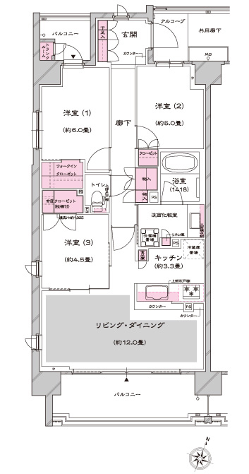 Building structure. J type 3LDK + WIC Sale price / 51,680,000 yen Occupied area / 73.67 sq m  Balcony area / 13.22 sq m  Alcove area / 2.73 sq m