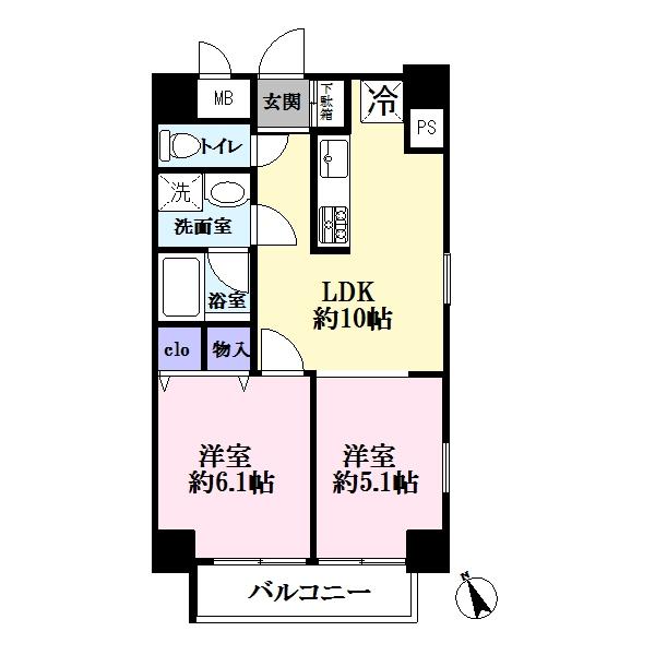 Floor plan. 2DK, Price 25,800,000 yen, Occupied area 46.92 sq m , Balcony area 4.94 sq m