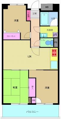 Floor plan. 3LDK, Price 24,800,000 yen, Occupied area 57.51 sq m , Balcony area 7.41 sq m