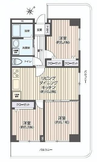 Floor plan. 3LDK, Price 28.8 million yen, Occupied area 69.72 sq m , Balcony area 23.78 sq m three-way angle room. There is a large balcony.