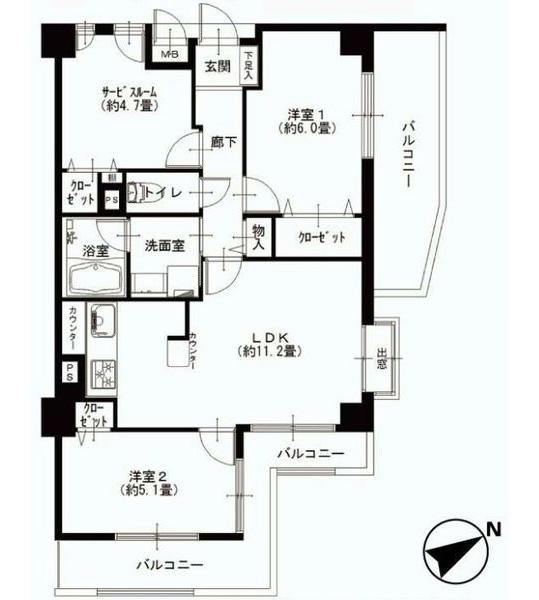 Floor plan. 2LDK + S (storeroom), Price 41,900,000 yen, Occupied area 61.32 sq m , Balcony area 15.42 sq m bright good top floor with a panoramic view ・ It is a corner room.