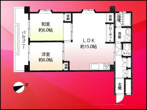 Floor plan. 2LDK, Price 29,800,000 yen, Occupied area 60.98 sq m , Balcony area 7.22 sq m