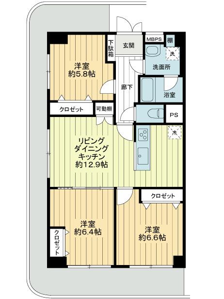 Floor plan. 3LDK, Price 32,800,000 yen, Footprint 70.4 sq m , Balcony area 21.14 sq m corner room that view better from all of the room. To open the kitchen. Bathroom also large. We changed the design to pursue further feeling of freedom.