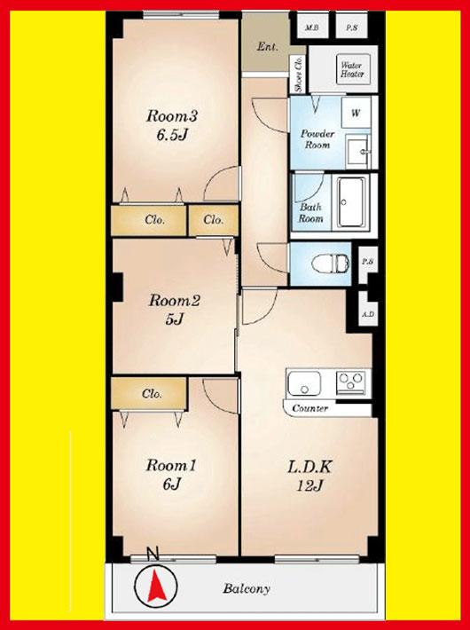 Floor plan. 3LDK, Price 31,980,000 yen, Occupied area 64.32 sq m , Balcony area 7.89 sq m
