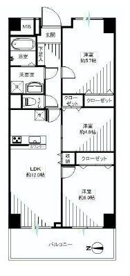 Floor plan. 3LDK, Price 34,900,000 yen, Footprint 64 sq m , Balcony area 7.28 sq m