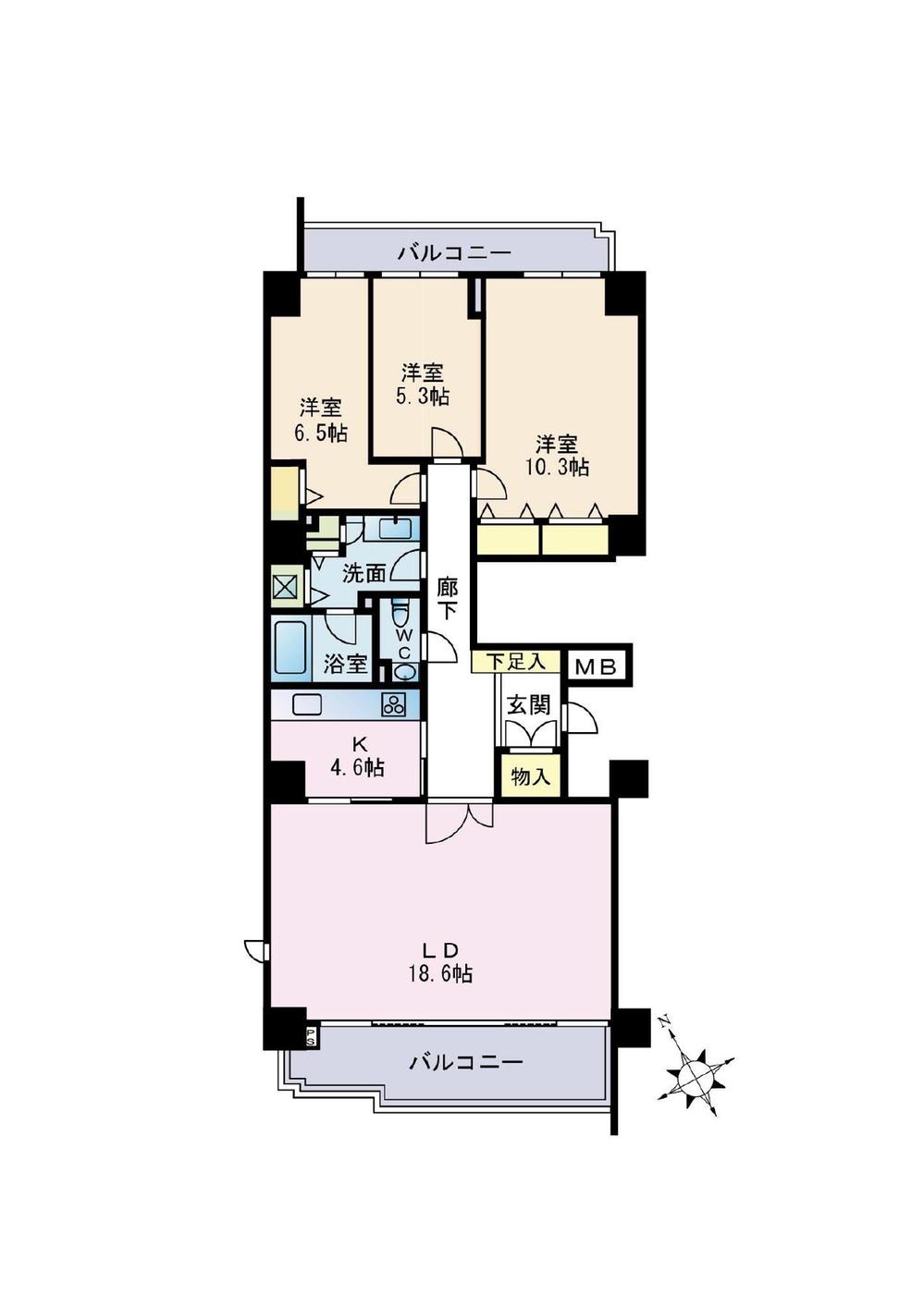 Floor plan. 3LDK, Price 59,800,000 yen, The area occupied 101.8 sq m , Balcony area 18.87 sq m