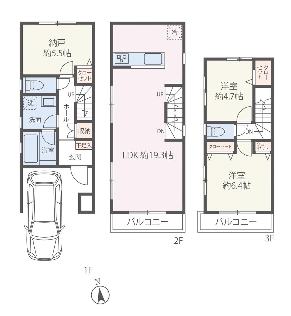 Building plan example (floor plan). Building plan example 3LDK, Land price 29,386,000 yen, Land area 57.55 sq m , Building price 15,414,000 yen, Building area 96.43 sq m