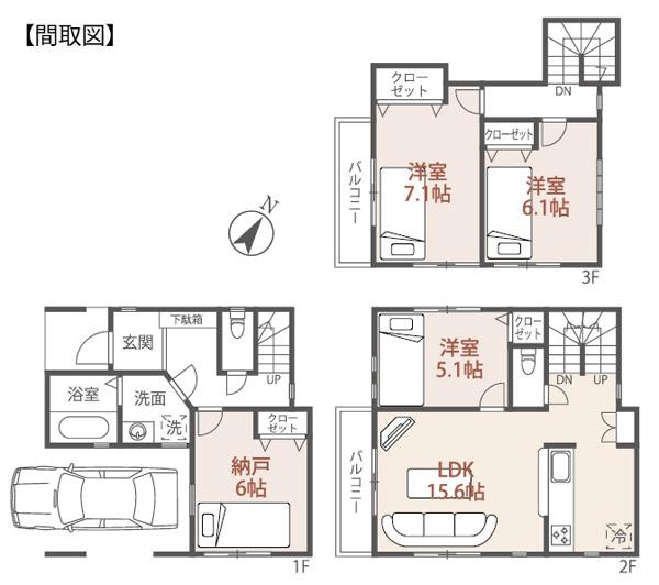 Floor plan. 37,800,000 yen, 3LDK + S (storeroom), Land area 65.64 sq m , Building area 107.44 sq m living with floor heating, 3LDK + S