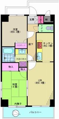 Floor plan. 2LDK, Price 32 million yen, Occupied area 54.71 sq m , Balcony area 7.06 sq m