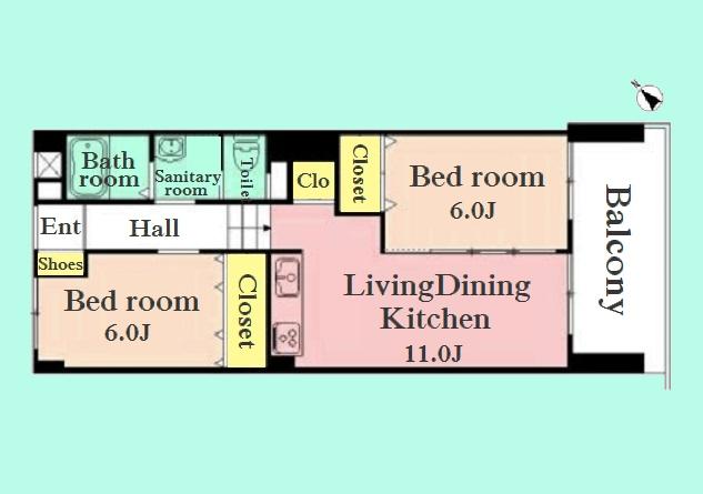 Floor plan. 2LDK, Price 23,900,000 yen, Footprint 59.1 sq m , Balcony area 8.64 sq m