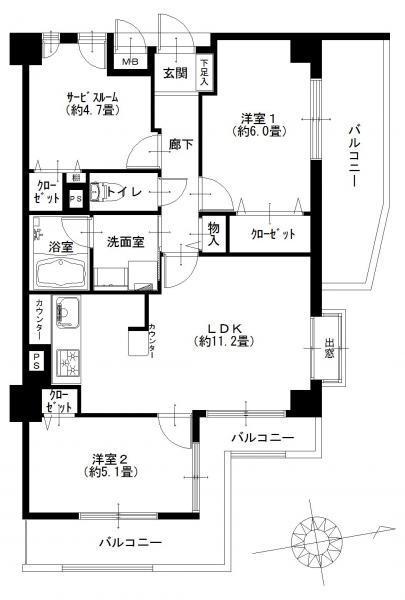 Floor plan. 2LDK + S (storeroom), Price 41,900,000 yen, Occupied area 61.31 sq m , Balcony area 15.42 sq m