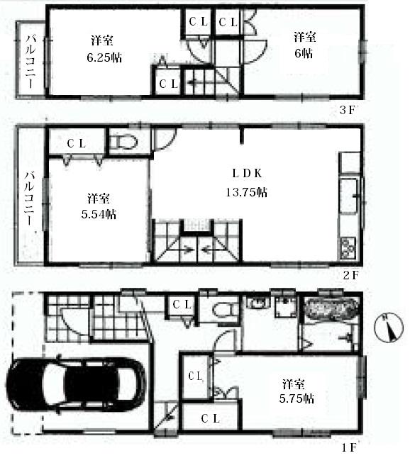 Floor plan. (3 Building), Price 46,800,000 yen, 4LDK, Land area 61.94 sq m , Building area 99.07 sq m