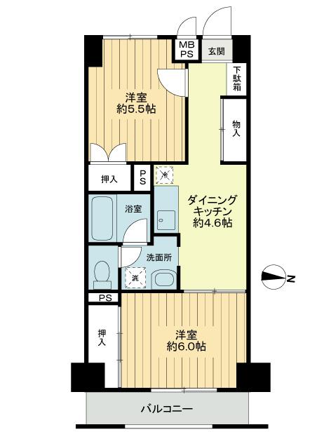 Floor plan. 2DK, Price 19,800,000 yen, Footprint 43.2 sq m , Balcony area 4.5 sq m