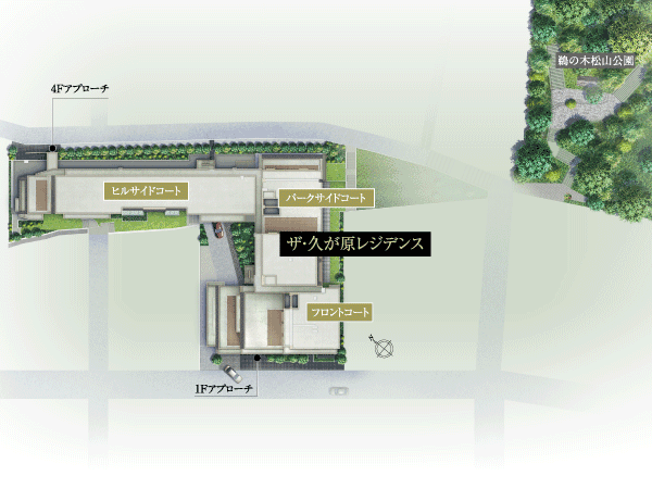 Shared facilities.  [Site layout] <The ・ Northeast side of Kugahara residences>, Harmony employed as the design design and planting 栽計 image conscious of the Kugahara mansion district that extends to the top of the hill. Increase the sense of unity with the surrounding environment, It creates a more sophisticated landscape. Also "Kugahara" and "Unoki" in order to fulfill the flat access to both the station, To each Kugahara side and Unoki side we have established an approach.