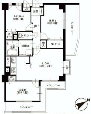 Floor plan. 2LDK + S (storeroom), Price 41,900,000 yen, Occupied area 61.31 sq m , Balcony area 15.42 sq m