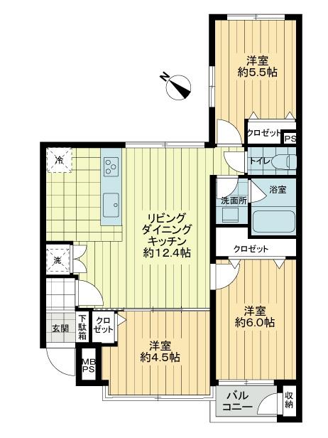 Floor plan. 3LDK, Price 33,800,000 yen, Occupied area 57.85 sq m , Balcony area 2 sq m