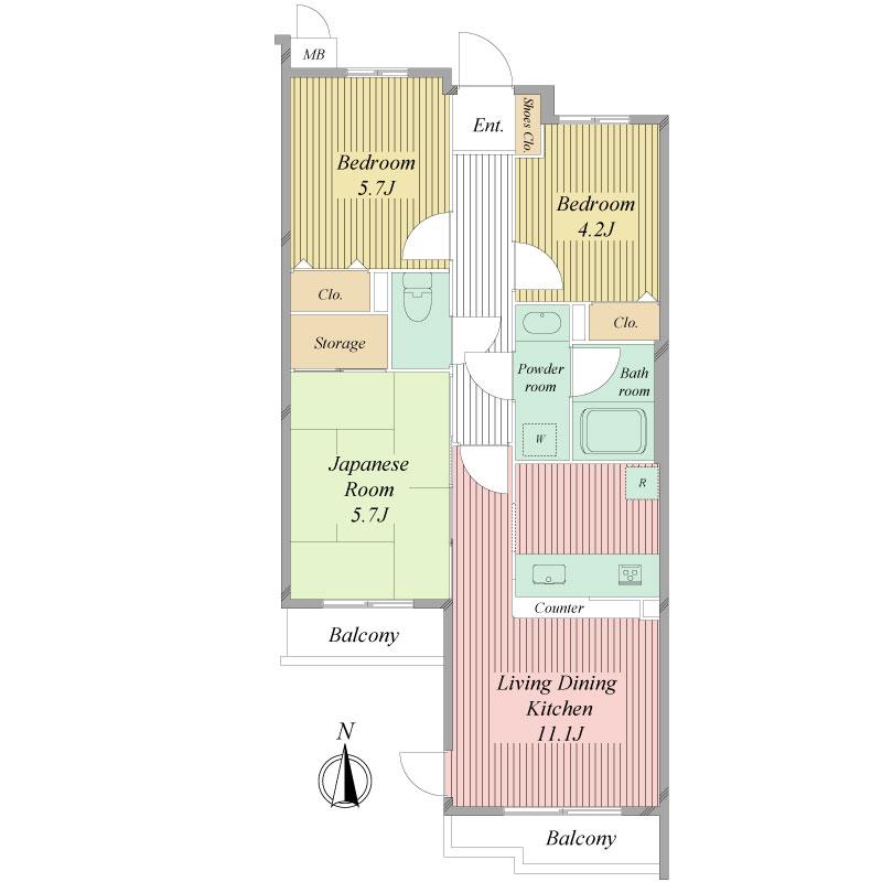 Floor plan. 3LDK, Price 29,800,000 yen, Occupied area 57.84 sq m , Balcony area 5.11 sq m south-facing sun per good