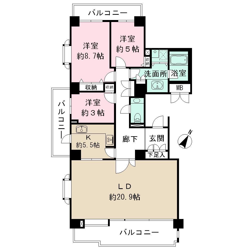 Floor plan. 3LDK, Price 66 million yen, Footprint 107.91 sq m , Balcony area 26.19 sq m