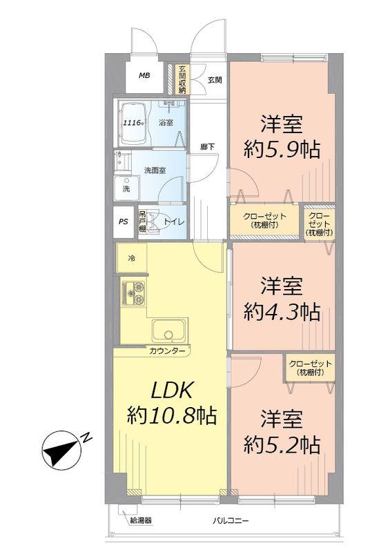 Floor plan. 3LDK, Price 30,980,000 yen, Occupied area 59.92 sq m , Balcony area 5.6 sq m of Mato