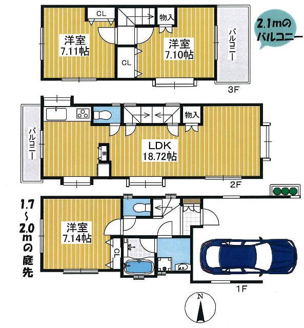 Floor plan. 42,800,000 yen, 3LDK, Land area 63.45 sq m , Building area 89.5 sq m