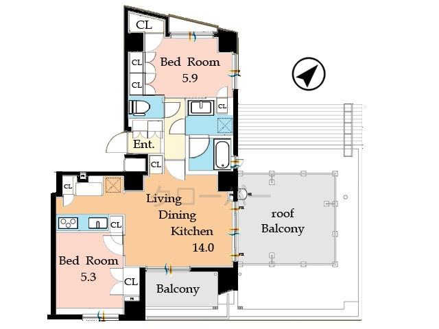 Floor plan. 2LDK, Price 53,600,000 yen, Occupied area 60.09 sq m , Balcony area 6.82 sq m
