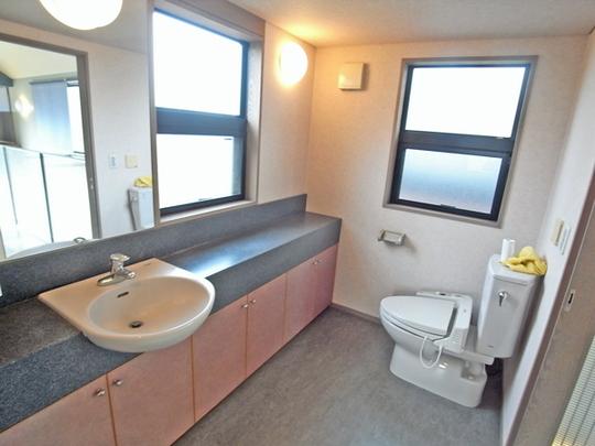 Wash basin, toilet. Second floor of the basin dressing room. Wide counter is something useful.