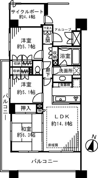 Floor plan. 3LDK, Price 46,800,000 yen, Occupied area 80.78 sq m , Balcony area 20.97 sq m with cycle port, Large 3LDK