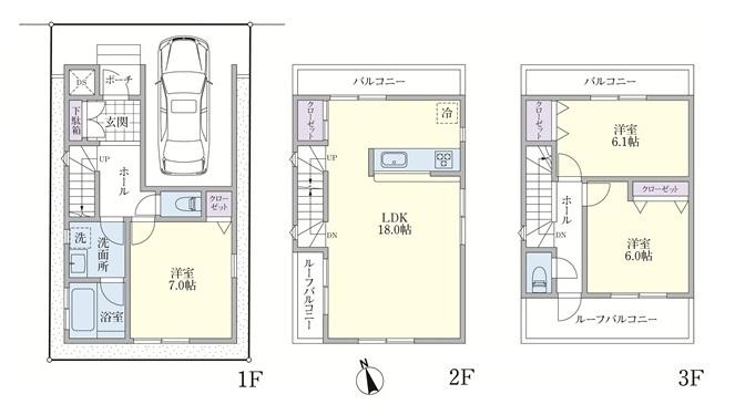 Floor plan. (Building 2), Price 53,800,000 yen, 3LDK, Land area 59.49 sq m , Building area 102.47 sq m