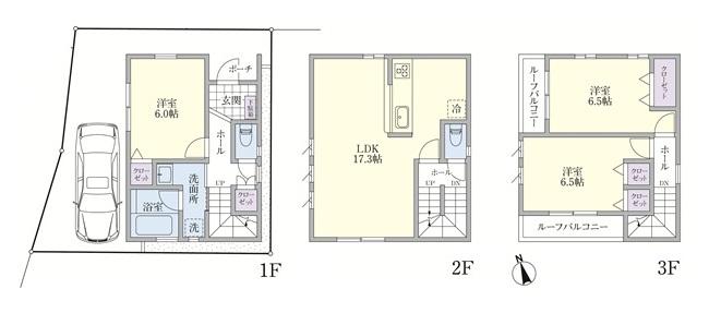 Floor plan. (3 Building), Price 55,800,000 yen, 3LDK, Land area 57.32 sq m , Building area 91.08 sq m