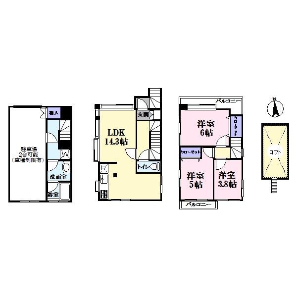 Floor plan. 32,800,000 yen, 2LDK + S (storeroom), Land area 51.35 sq m , Building area 87.41 sq m 3LDK + loft + garage (two available)