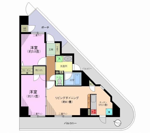 Floor plan. 2LDK, Price 29,800,000 yen, Occupied area 59.27 sq m , Balcony area 28.11 sq m