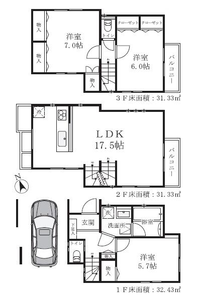 Floor plan. (A Building), Price 53,800,000 yen, 3LDK, Land area 56.57 sq m , Building area 95.09 sq m