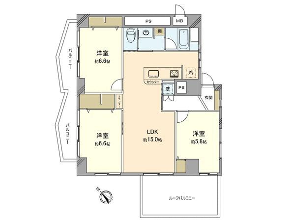 Floor plan. 3LDK, Price 34,800,000 yen, Occupied area 73.35 sq m , Balcony area 21.42 sq m