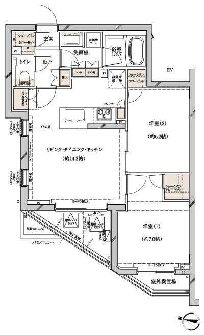 Floor: 2LDK + SIC + 2WIC, occupied area: 60.14 sq m