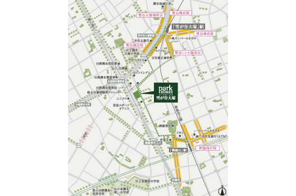 Local guide map "Yukigayaotsuka" station "Ontakesan" station both a 6-minute walk. A treasure trove of each station around the lifestyle convenience facilities ※ Yellow part: shopping street
