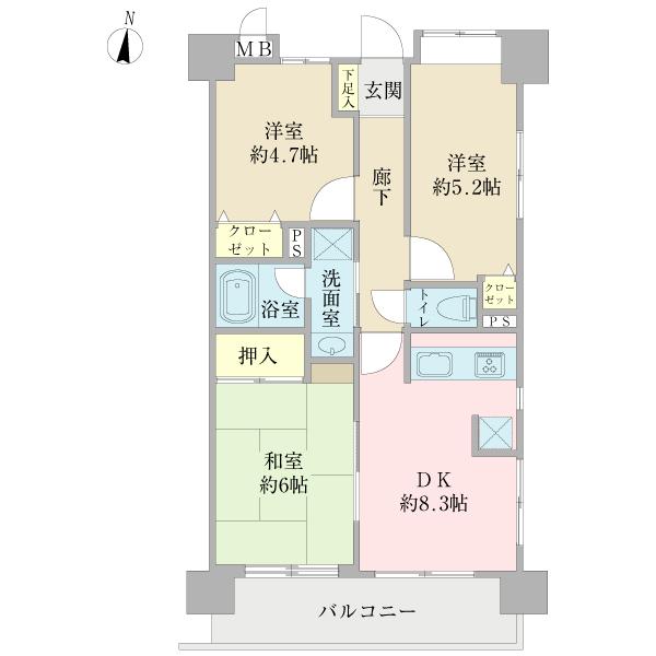 Floor plan. 3LDK, Price 28.8 million yen, Occupied area 56.28 sq m , Balcony area 8.12 sq m